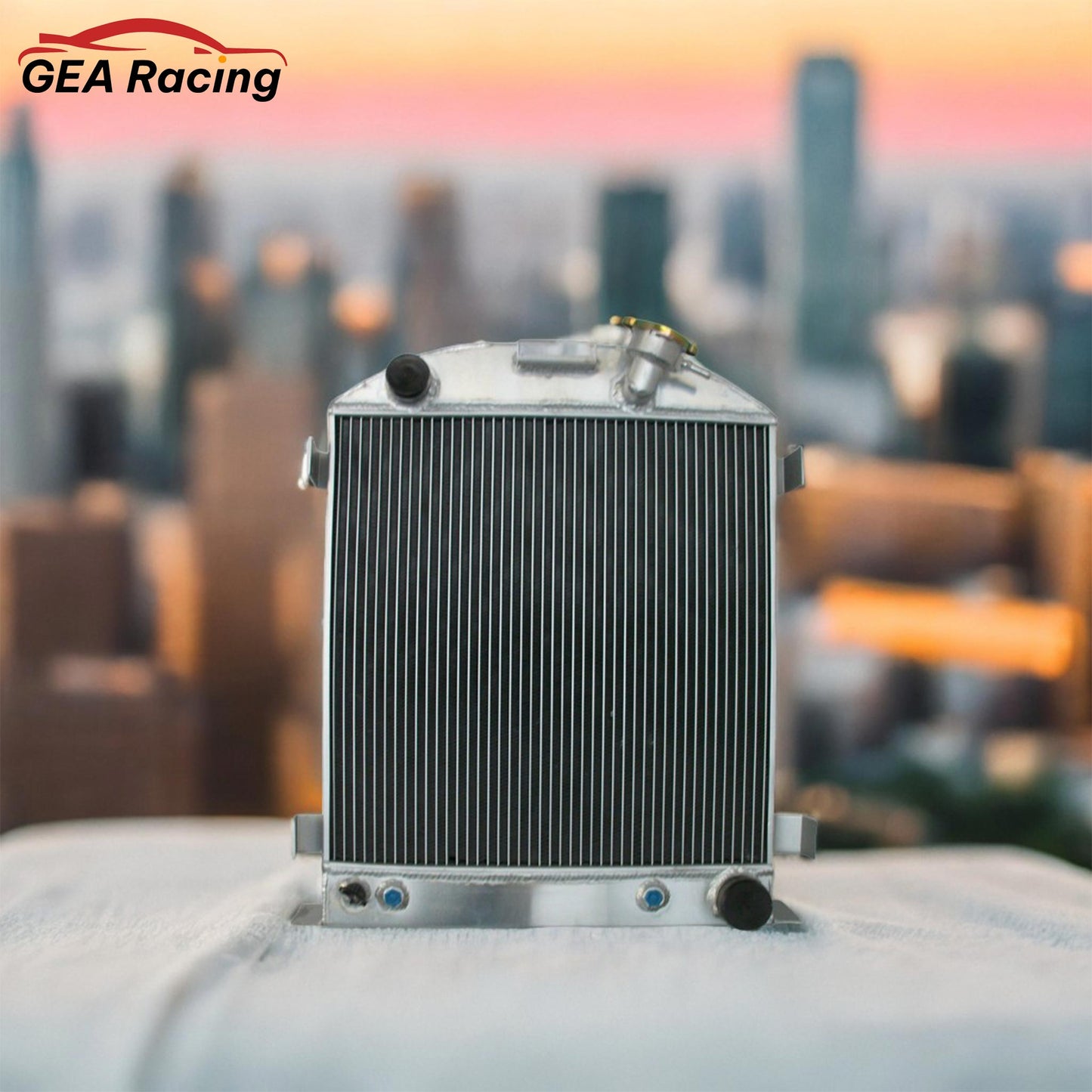 3-row aluminum radiator installed in a 1932 Ford chopped hot rod, perfectly cooling the Chevy 350 V8 engine.