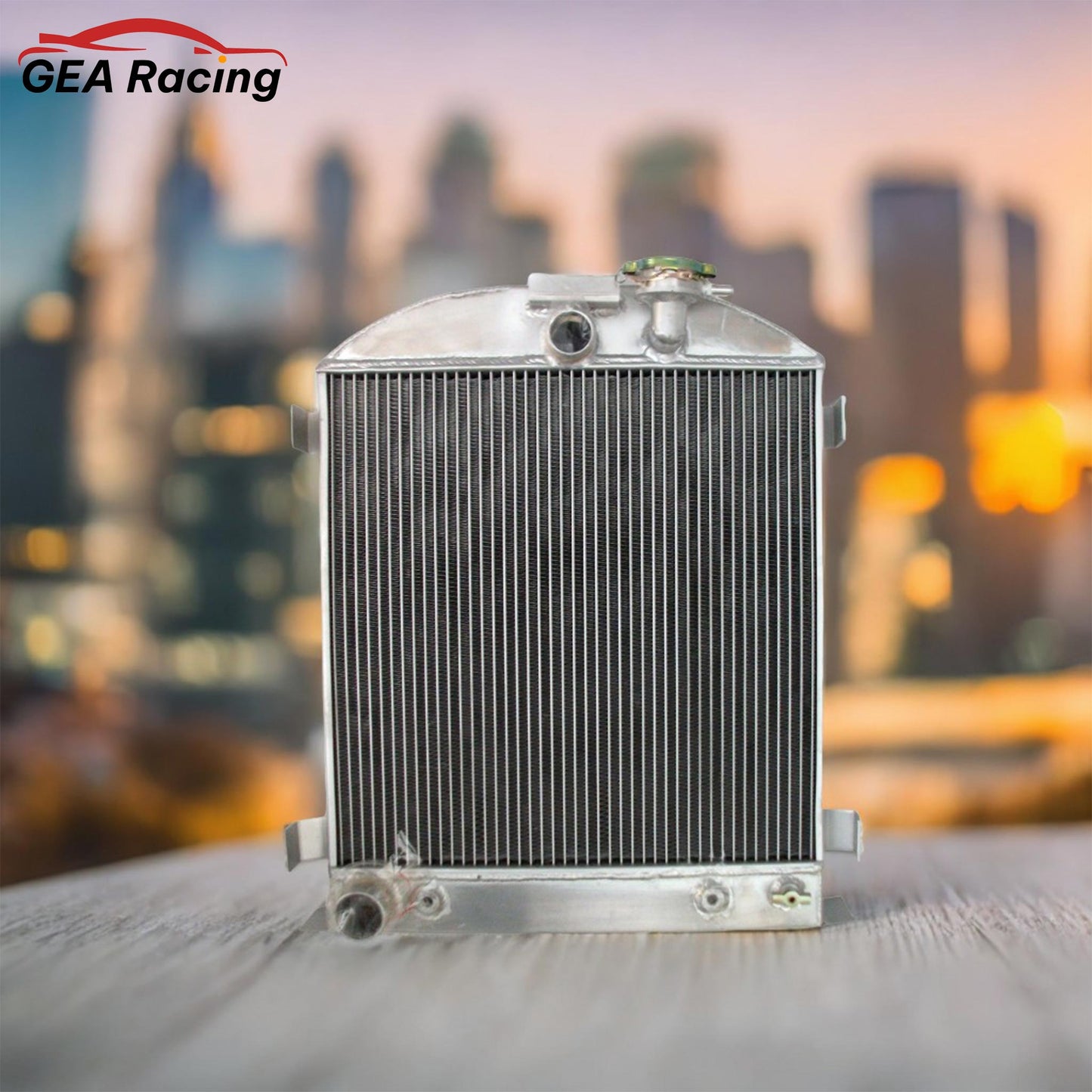 3-row aluminum radiator installed in a chopped 1932 Ford Low Boy street rod, cooling its Ford 302 V8 engine.