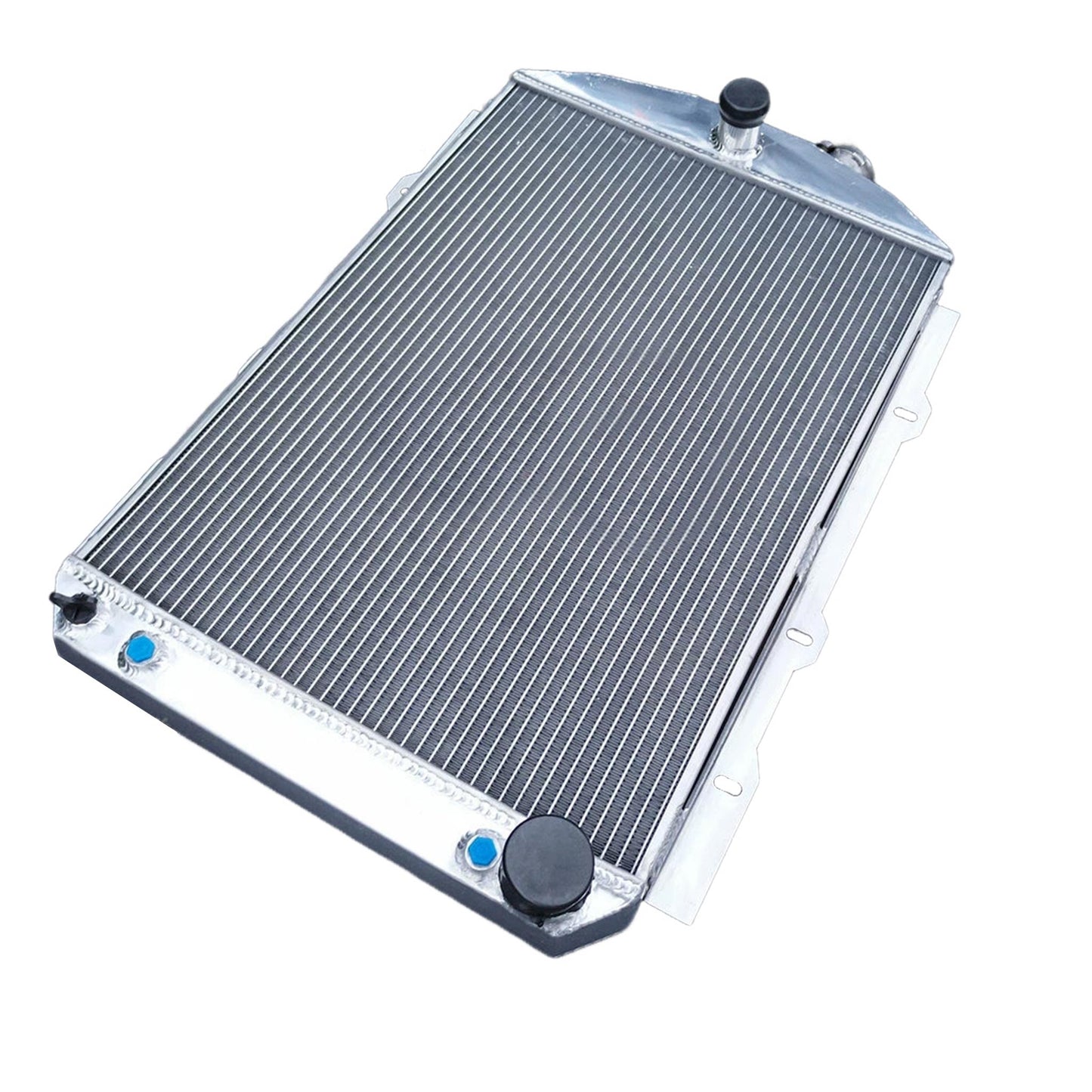 Right side profile showcasing the inlet/outlet ports of the 5 row aluminum radiator for the 1938 Chevy Street Rod.