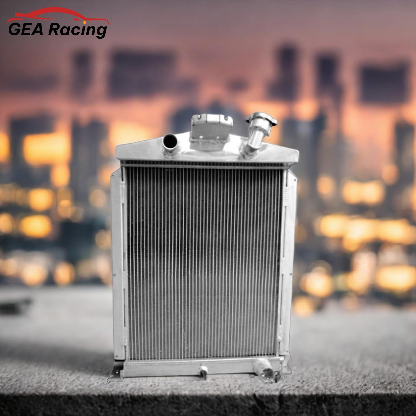 3-row aluminum radiator installed in a classic 1939 Ford Pickup Hot Rod, ready to cool its powerful Chevy V8.