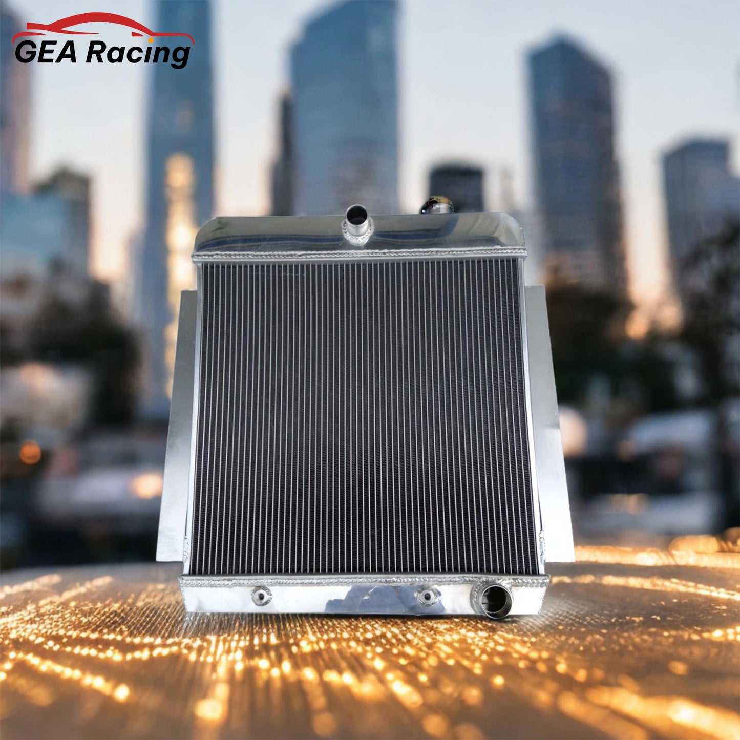 3-row aluminum radiator installed in the engine bay of a classic 1957 Chevy 3100 V8 pickup truck for superior cooling.
