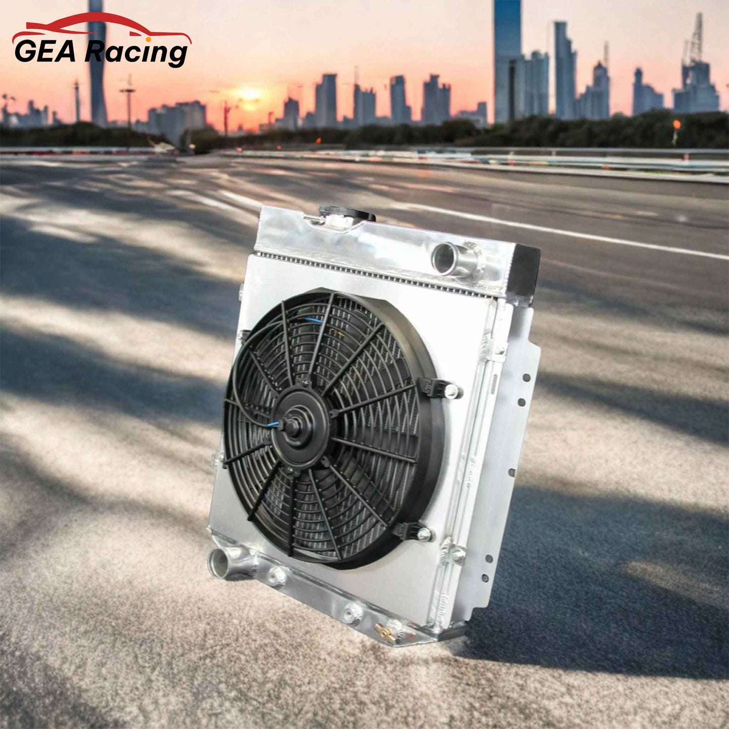 3 Row Aluminum Radiator with Fan Shroud for 1960-1966 Ford Falcon, Mustang & Mercury Comet V8, high-performance cooling system, front angled view display