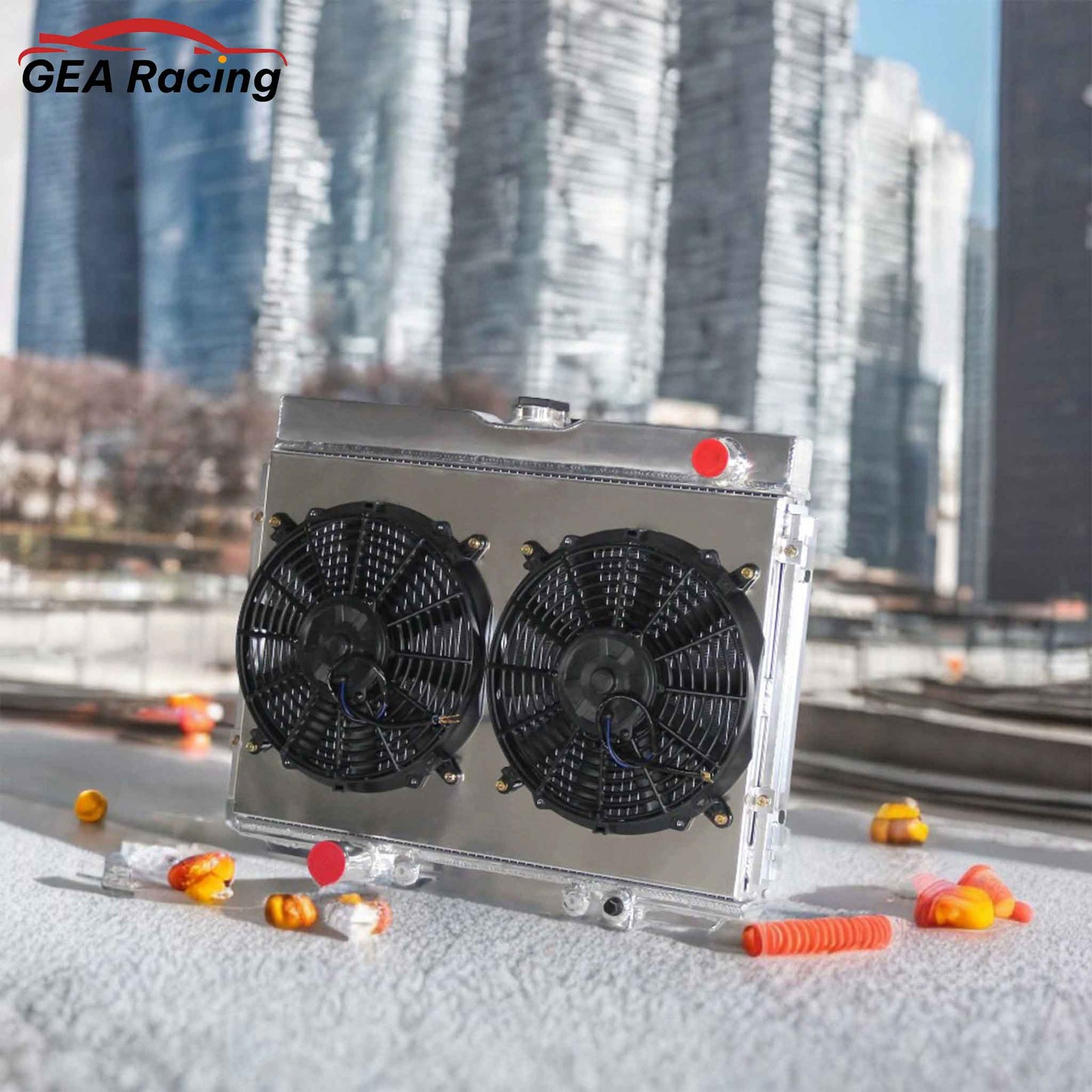 3 Row Aluminum Radiator with Shroud & Dual Cooling Fans Front Display 1967-1970 Ford Mustang Torino V8 Big Block AT MT Direct Fit