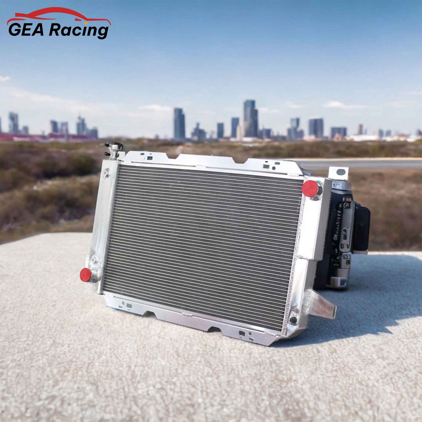 3 Row Aluminum Radiator for 1985-1997 Ford Bronco, F-150, F-250, F-350, F-450 7.5L & 5.8L V8, high-performance cooling system, front angled view display