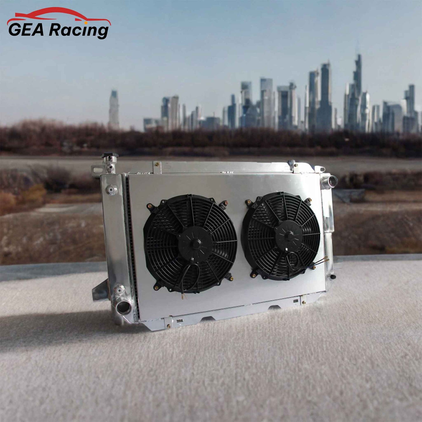 3 Row Aluminum Radiator with Fan Shroud for 1985-1997 Ford Bronco, F-150, F-250, F-350, F-450, high-performance cooling system, front angled view display