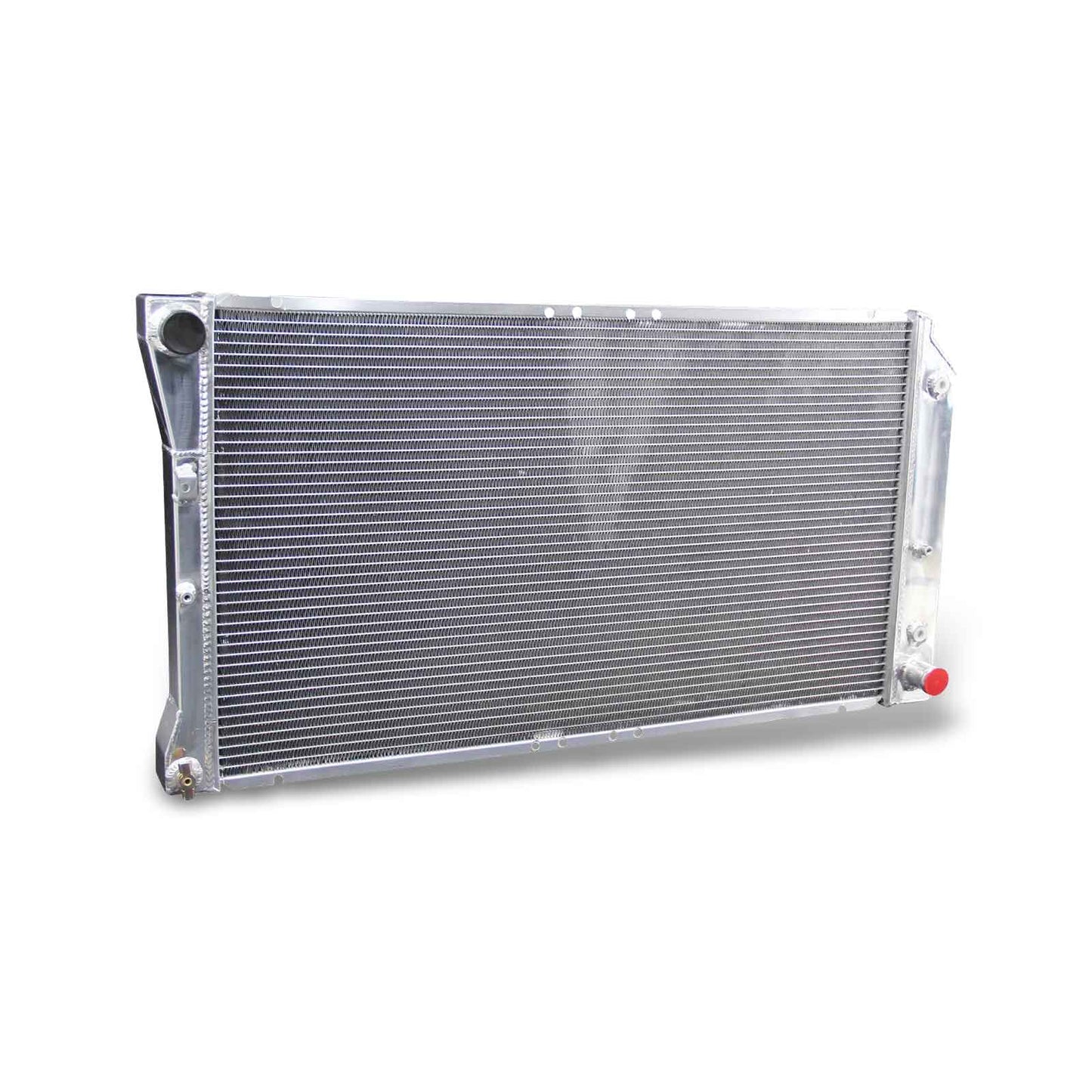 Left side profile of the aluminum radiator for the 1994-1996 5.7L V8 Buick Roadmaster, highlighting the inlet/outlet hose connections and side panel construction.