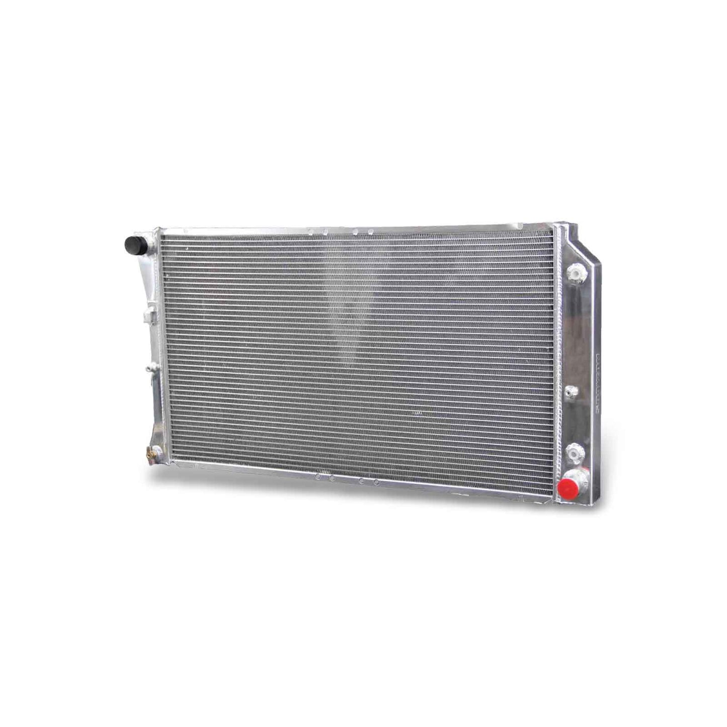 Right side profile of the AT/MT compatible aluminum radiator for the 1994-1996 Chevy Impala and Caprice, displaying the robust frame and radiator cap.