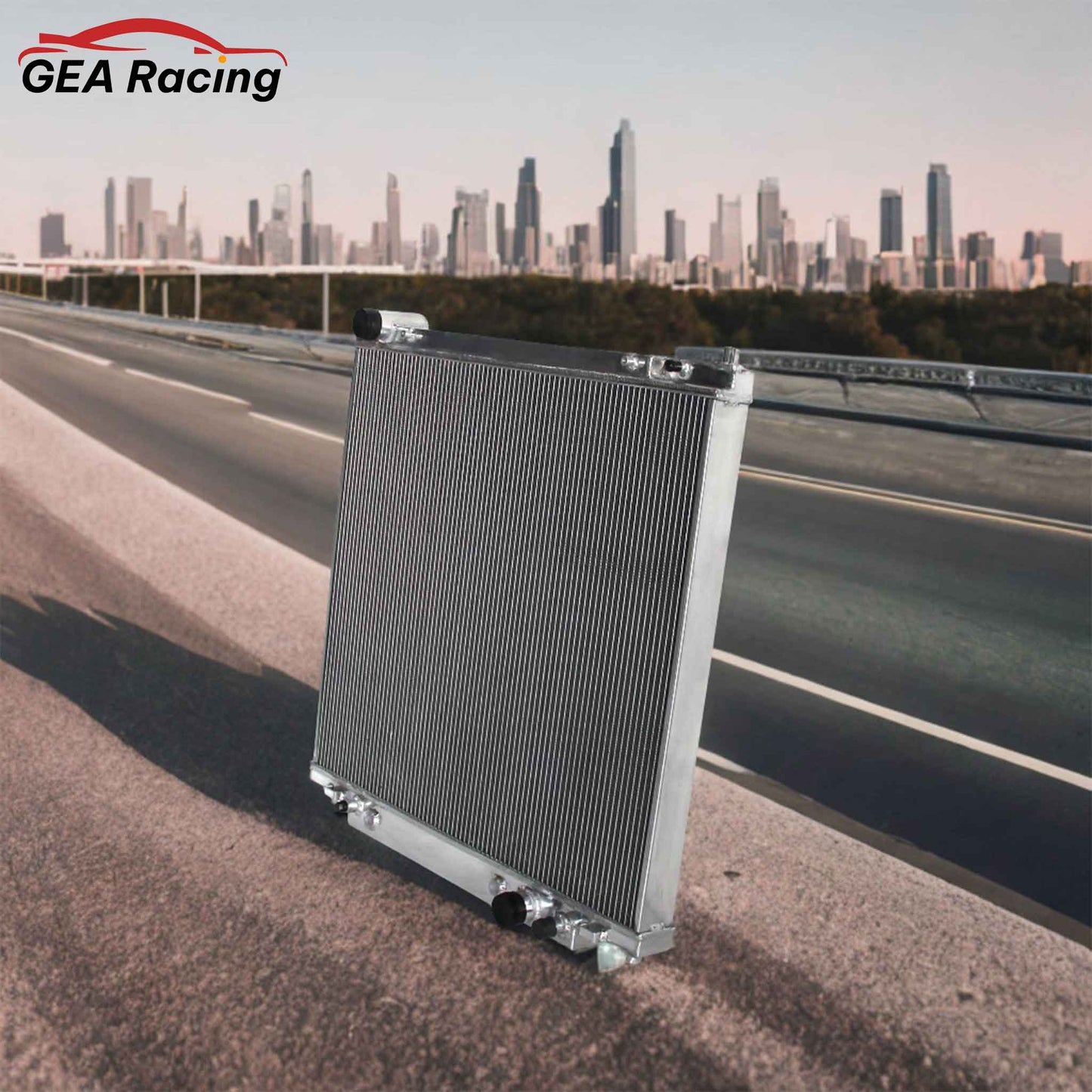4 Row Aluminum Radiator for 1998-2005 Ford Excursion, F-250, F-350 Super Duty, high-performance cooling system, front angled view display