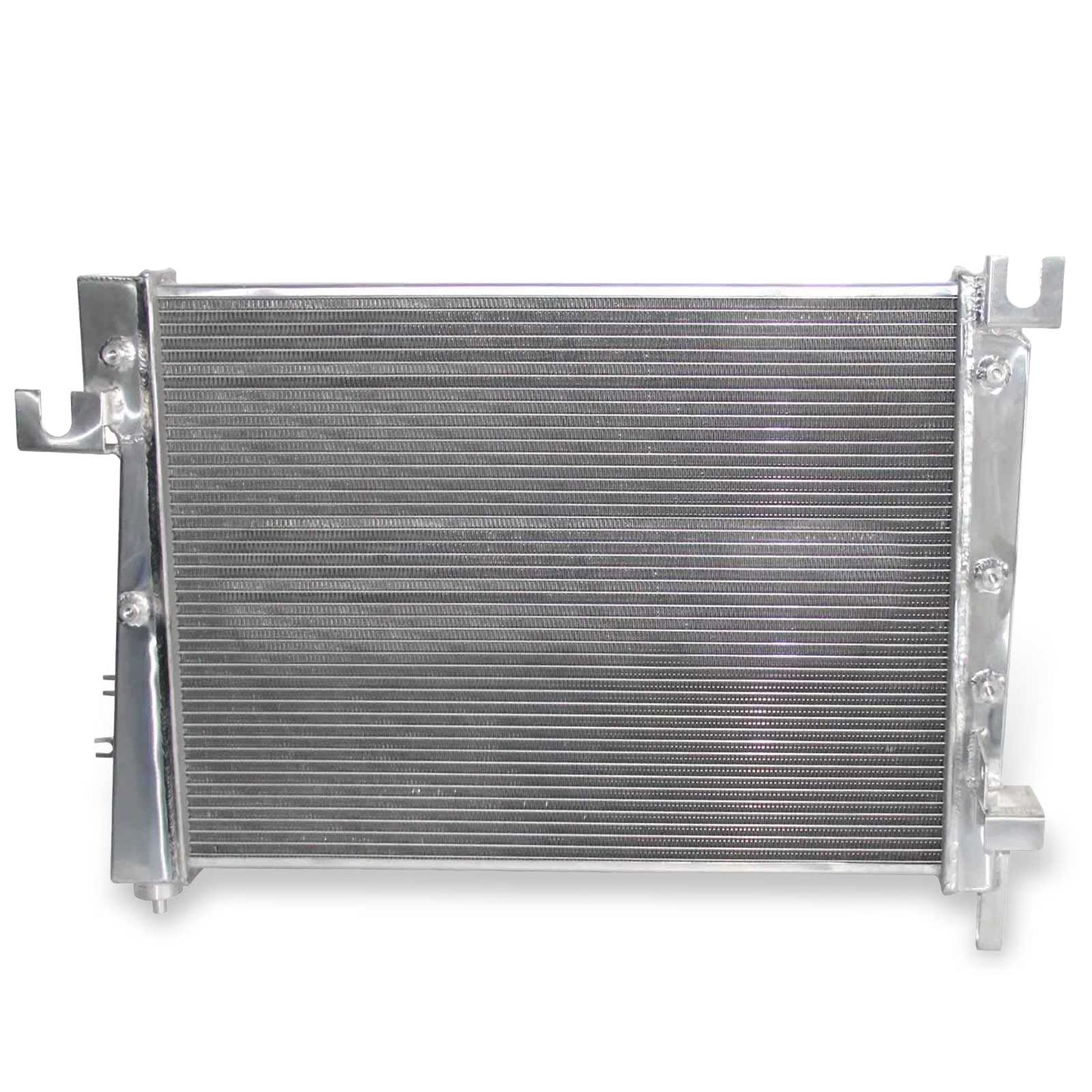Rear view of the 2 Row Aluminum Radiator for a 2002-2004 Dodge Ram 2500/3500, showing inlet/outlet ports for the 5.7L V8 and 3.7L V6 MT models.