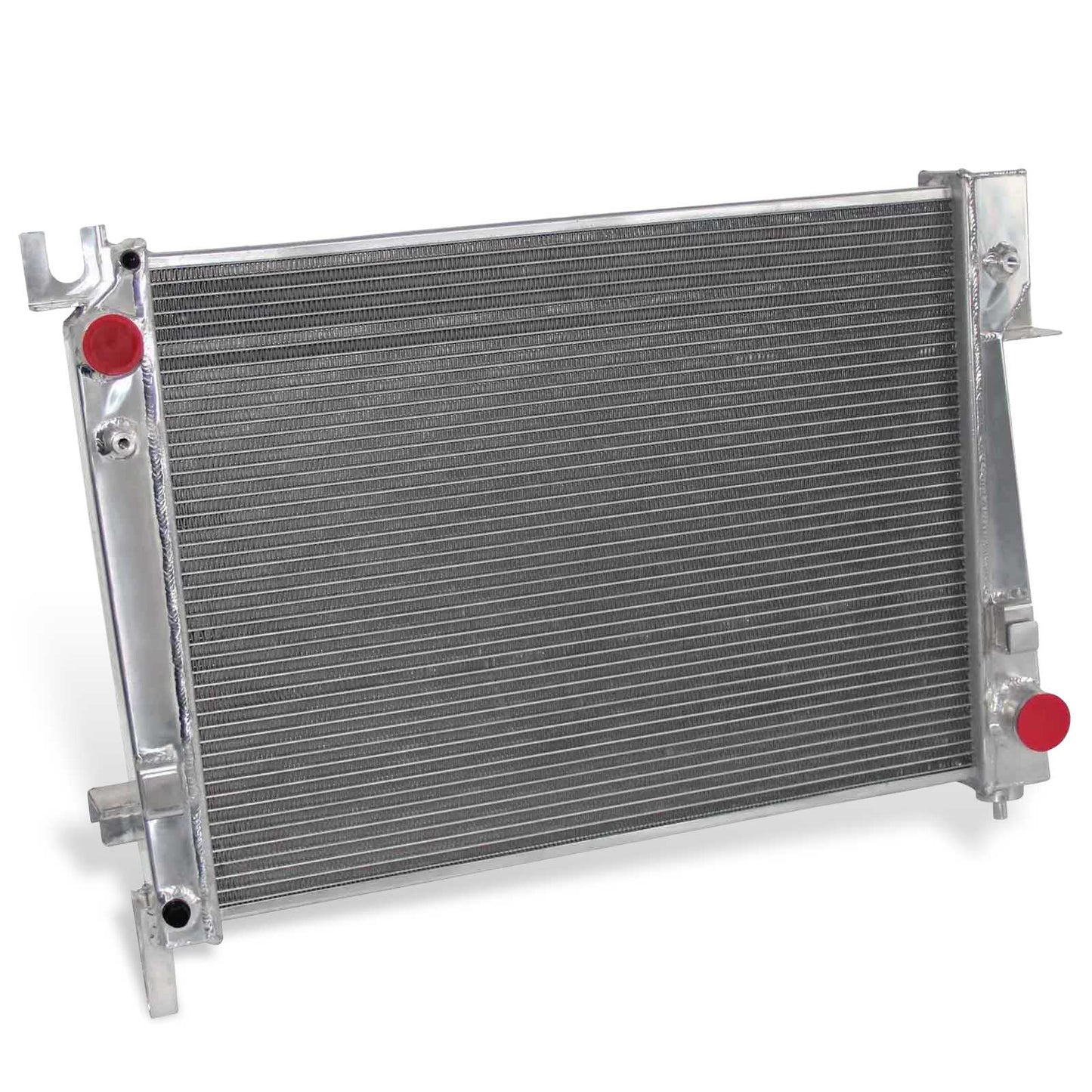 Left side profile view of the 2 Row Aluminum Radiator, highlighting the core thickness and mounting points for a 2002-2004 Dodge Ram with a manual transmission.