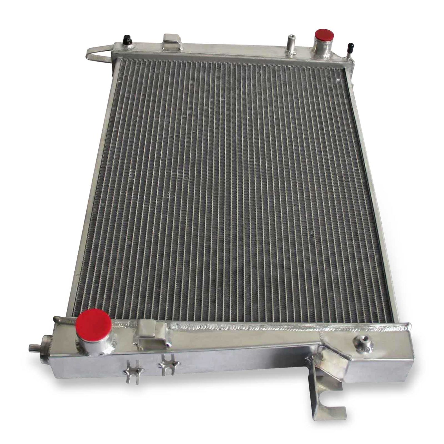 Detailed close-up of the TIG-welded seams and high-efficiency cooling fins on the 2 Row Aluminum Radiator for a 2002-2004 Dodge Ram.