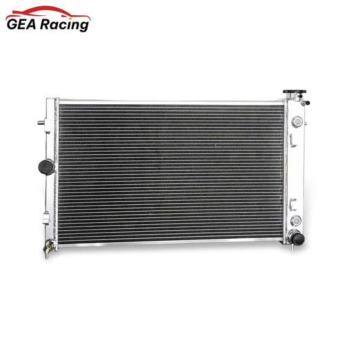 Front view of 2 Row Aluminum Radiator for 2005-2006 Pontiac GTO Base V8 6.0L AT/MT, showcasing cooling fins and inlet/outlet ports.