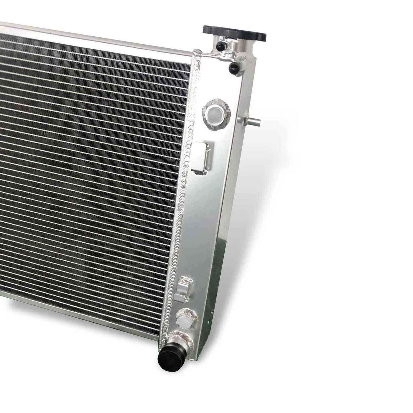 Right side profile of the high-performance 2 Row Aluminum Radiator for 2005-2006 Pontiac GTO V8, showing radiator cap location (if applicable) and side bracket details.