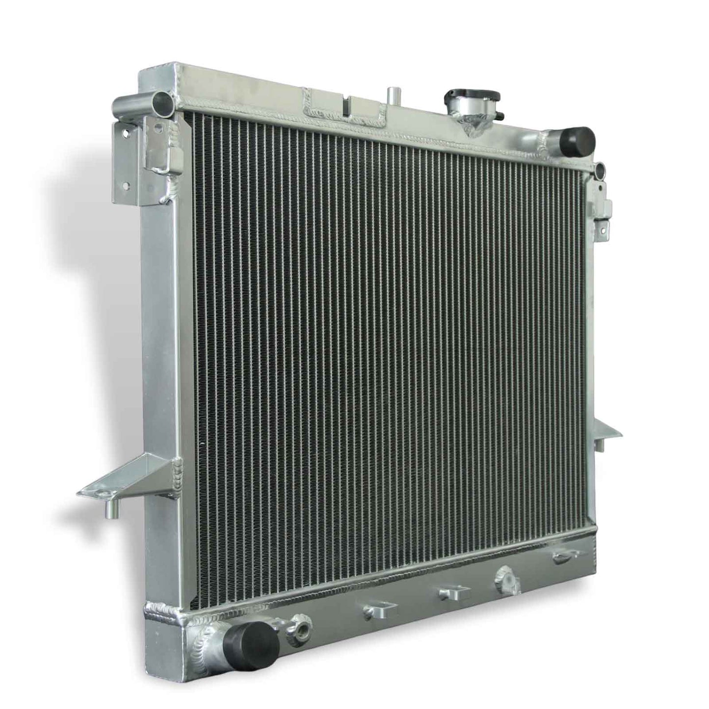 Left side profile of the 2-row aluminum radiator for the 2006-2012 Chevy Colorado V8, displaying the driver-side end tank and connections.