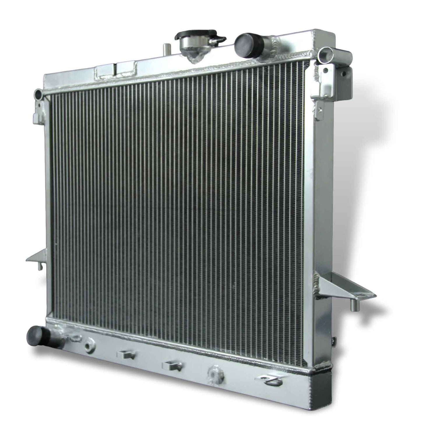 Right side profile of the 2-row aluminum radiator for the 2006-2012 GMC Canyon 5.3L V8, highlighting the core thickness.