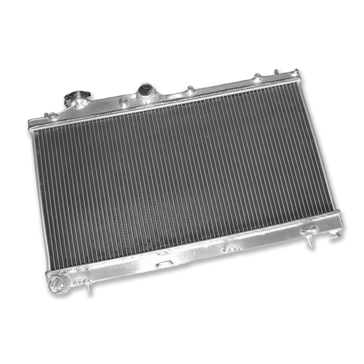 Left side profile of the 2-row aluminum radiator for a 2008-2014 Subaru Impreza WRX STI (Manual).