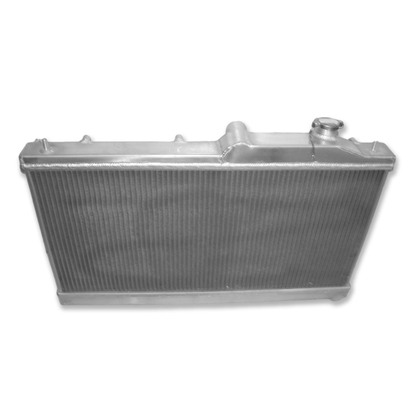 Top-down view of the 2-row radiator for a Subaru WRX/STI (GR/GV), showing the filler neck and hose connections.