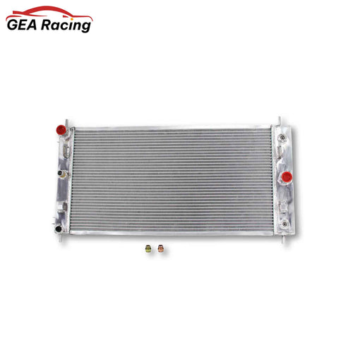 Front view of a 3-row full aluminum radiator for a 2004-2010 Chevrolet Malibu, Pontiac G6, and Saturn Aura with a 3.5L V6 engine, fits both AT & MT.