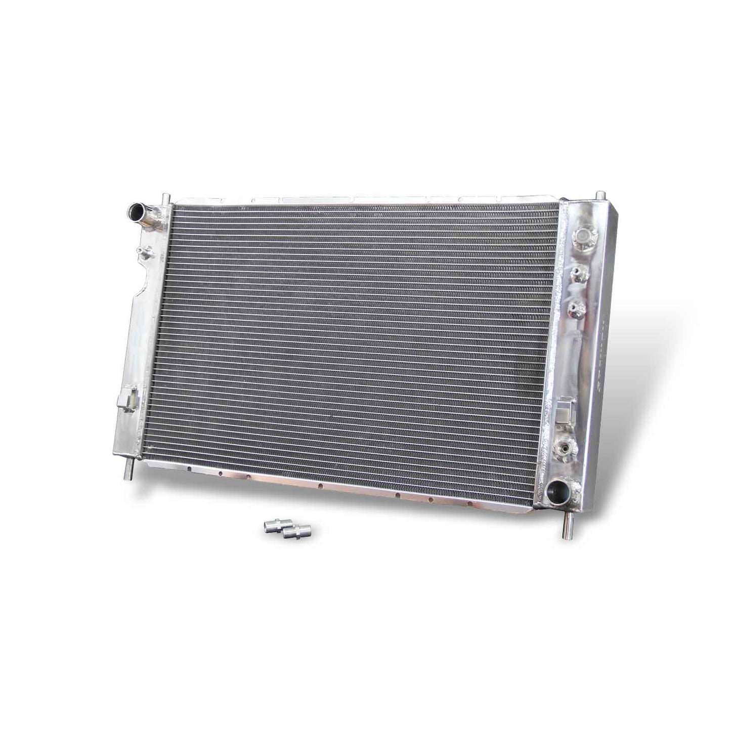 Right side view showcasing the inlet and outlet ports of the 3-row aluminum radiator for a 2005 Chevrolet Equinox 3.4L V6.