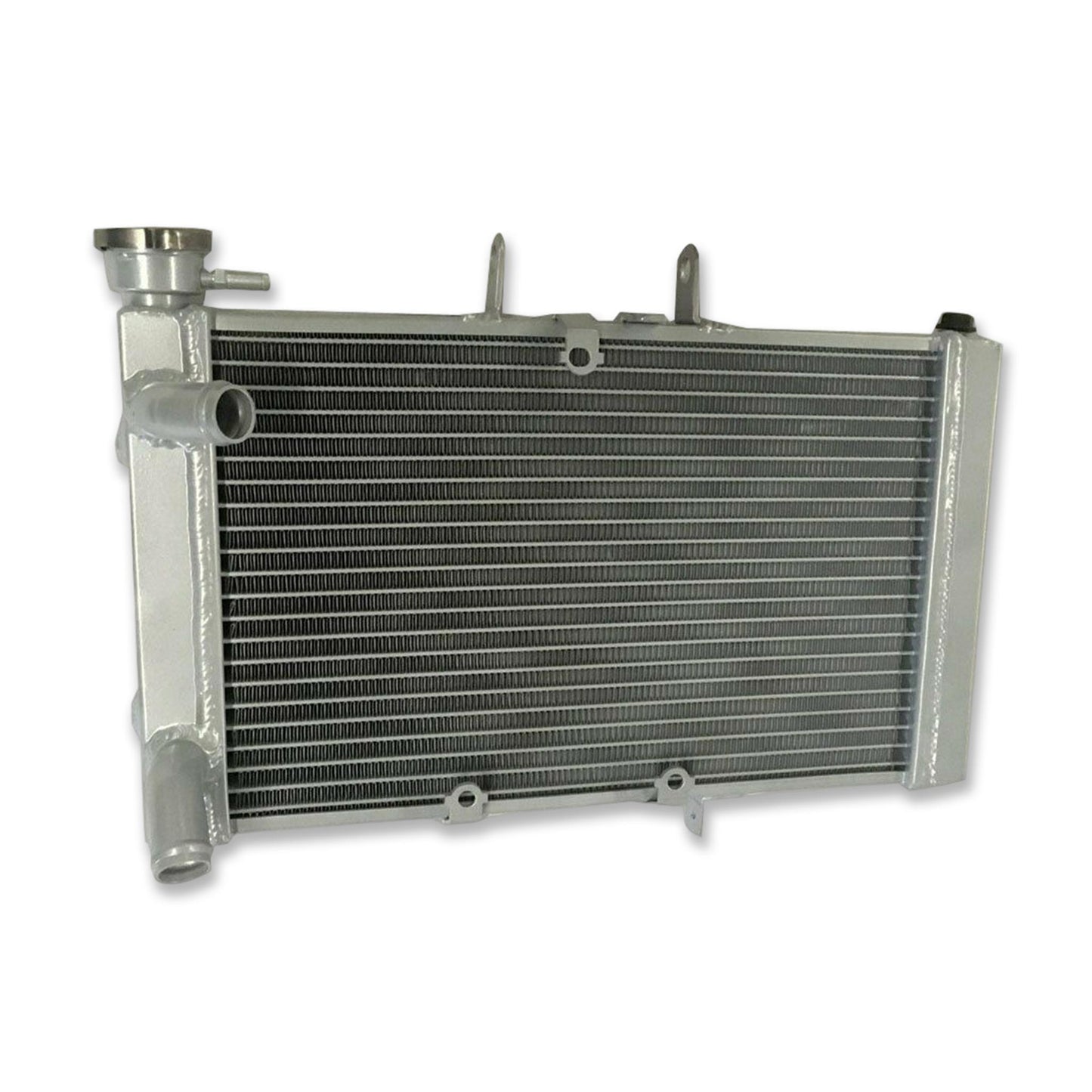 Rear view of the aluminum radiator for Triumph Tiger 800 (2010-2014), highlighting the welded tanks and connections.