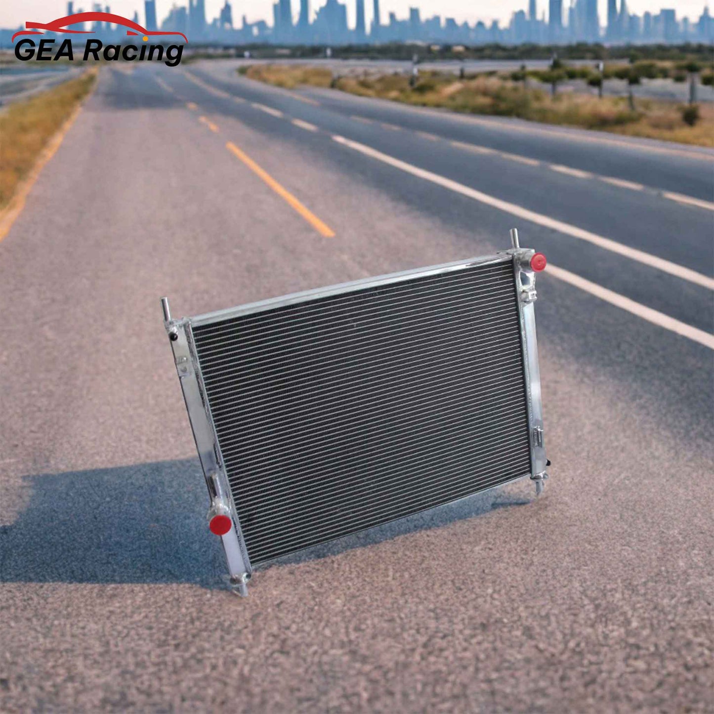 3 Row Aluminum Radiator for 2015-2022 Ford Mustang Shelby GT Chassis 5.0L 3.7L V8 V6, high-performance cooling system, front angled view display