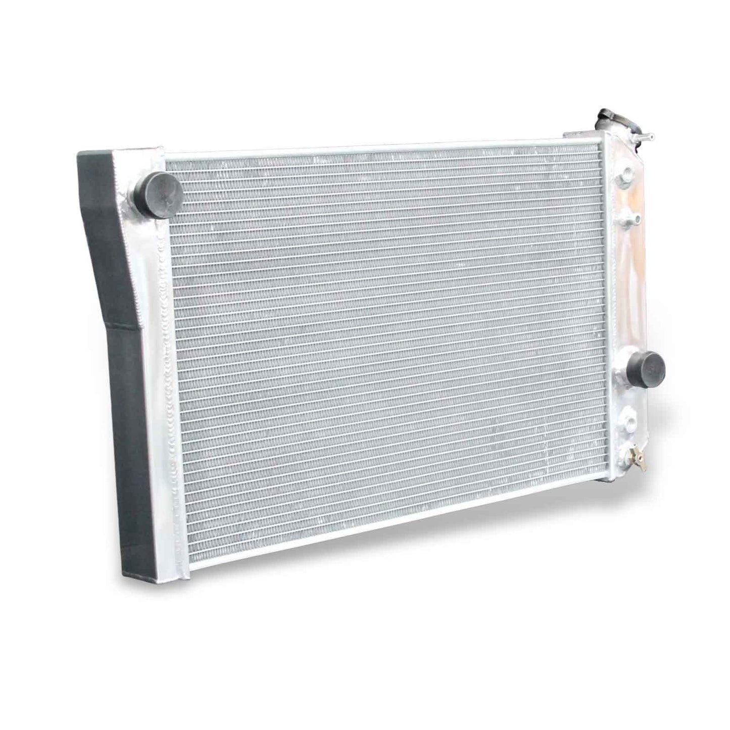 Left side profile of the 52mm 3-row aluminum radiator for the 1984-1990 Chevy Corvette, displaying the driver-side inlet/outlet and tank thickness.
