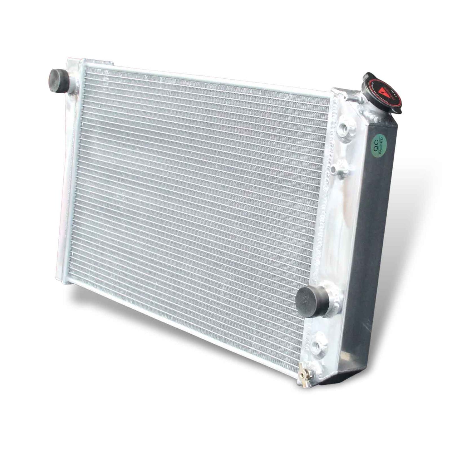 Right side profile of the 52mm 3-row aluminum radiator for the 1984-1990 Chevy Corvette, showing the passenger-side connections and drain plug.