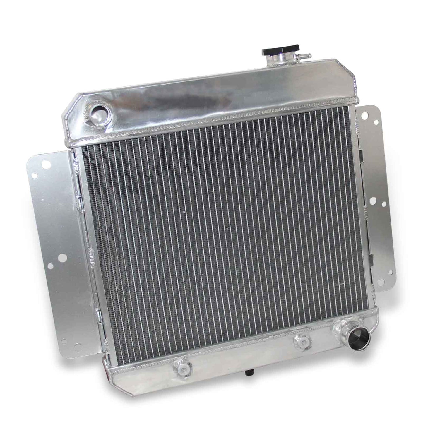 Left side profile of the 52mm 3-row aluminum radiator for the 1962-1967 Chevy Nova, displaying the driver-side hose connections.