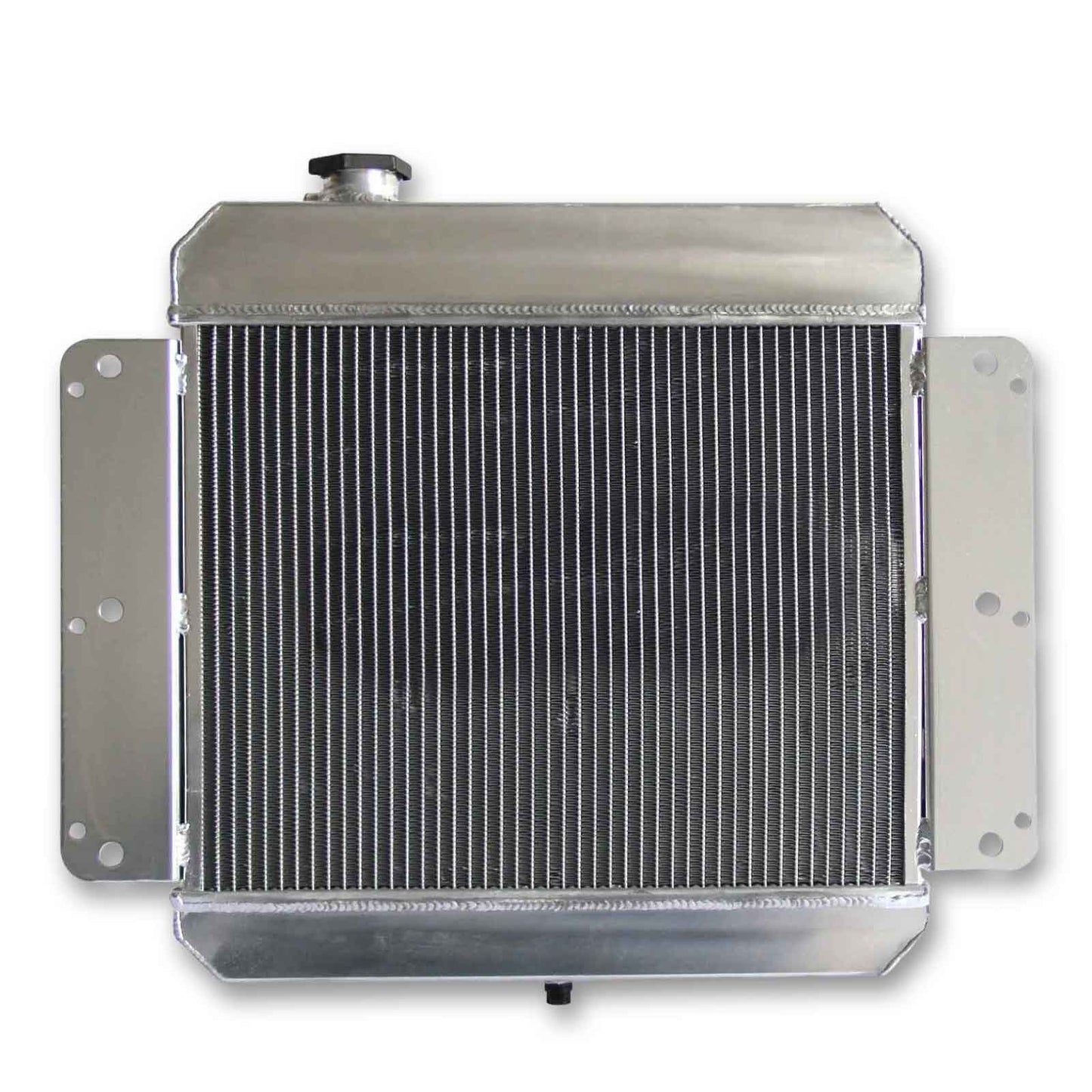 Rear view of the 3-Row aluminum radiator for the 62-67 Chevy Nova 6CYL, showing the AT/MT cooler ports and robust mounting points.