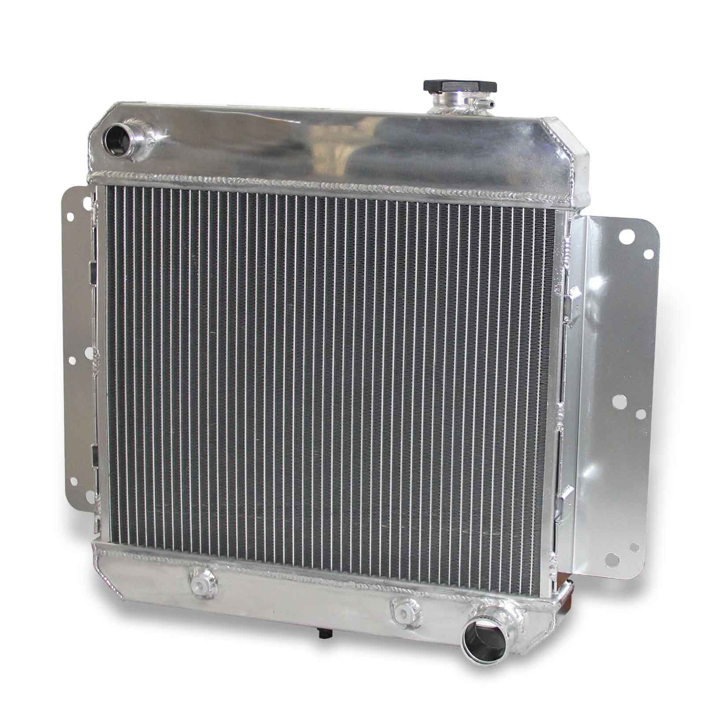 Right side profile of the 52mm 3-row aluminum radiator for the 1962-1967 Chevy Nova 6CYL, showing the core thickness and tank design.