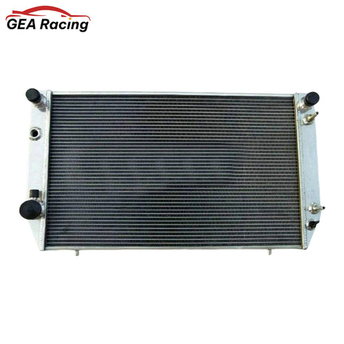 Front view of a 3-row 62mm full aluminum radiator for the 1976-1996 Jaguar XJS V12 5.3L & 6.0L, showing cooling fins and core.