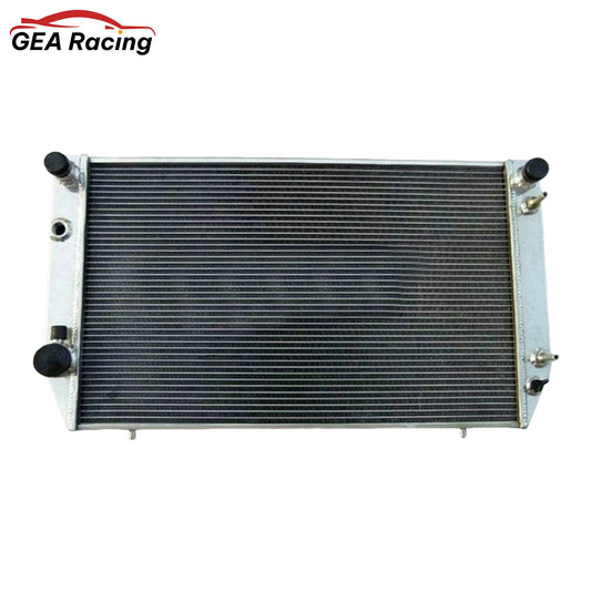 Front view of a 3-row 62mm full aluminum radiator for the 1976-1996 Jaguar XJS V12 5.3L & 6.0L, showing cooling fins and core.