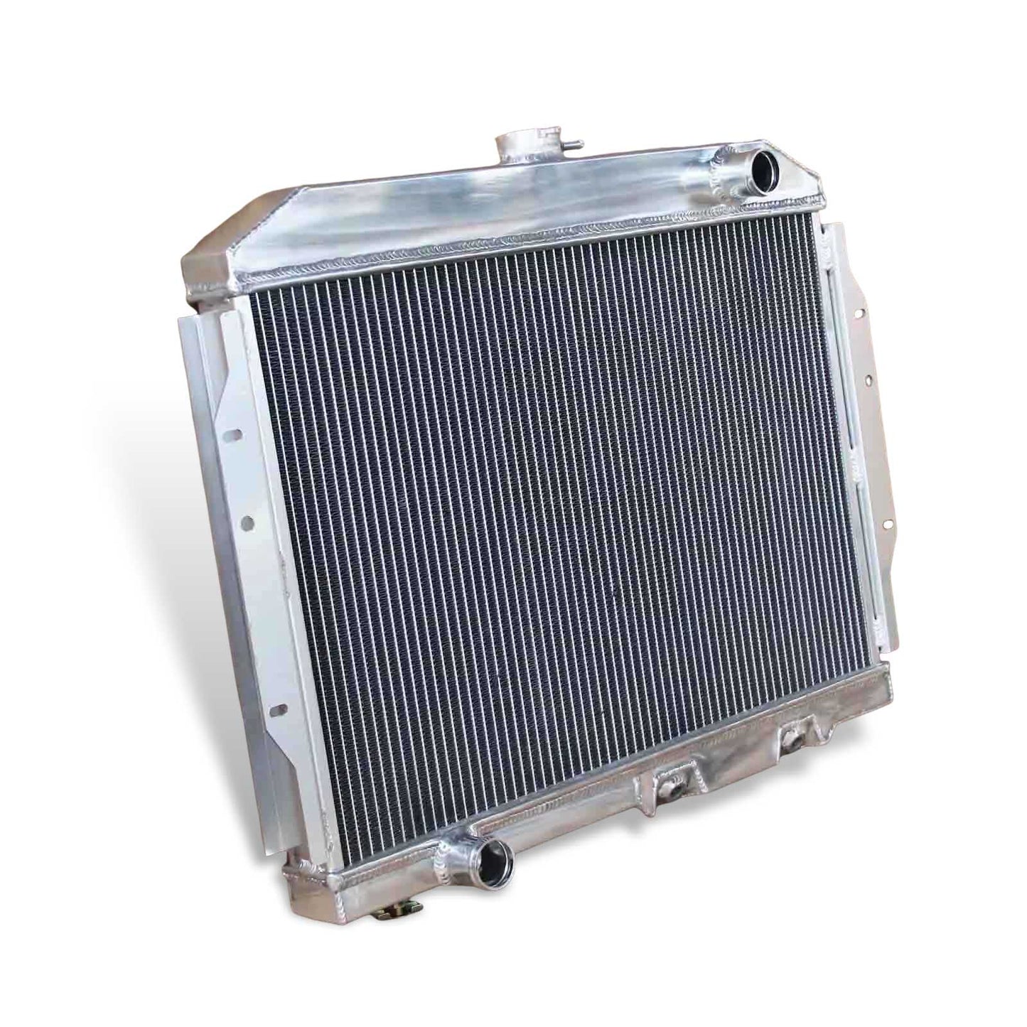 Left side profile of the 3 Row Aluminum Radiator, showing core thickness and mounting bracket for 1958-1974 AMC Javelin and other V8 models.