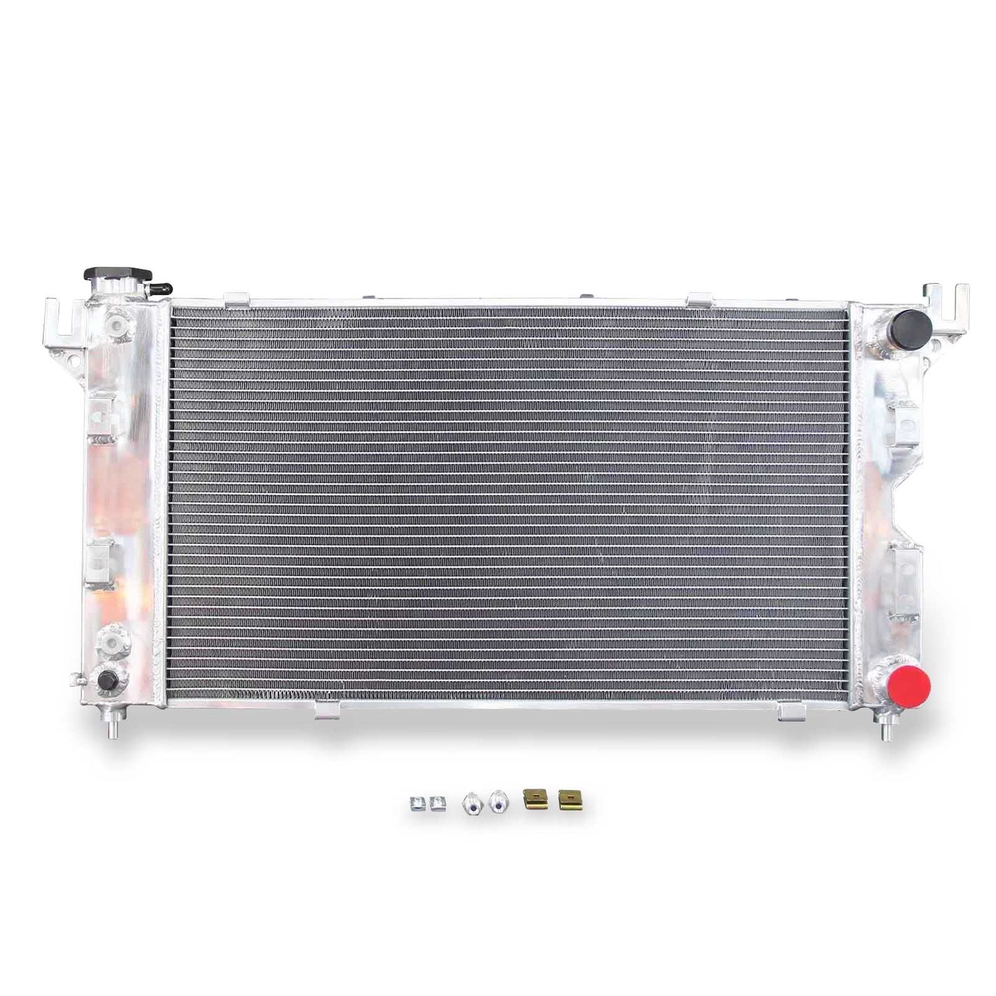 Front view of the 3 Row Aluminum Radiator for 1996-2000 Dodge Caravan, Chrysler Grand Voyager, and Plymouth Voyager minivans, fits AT/MT.