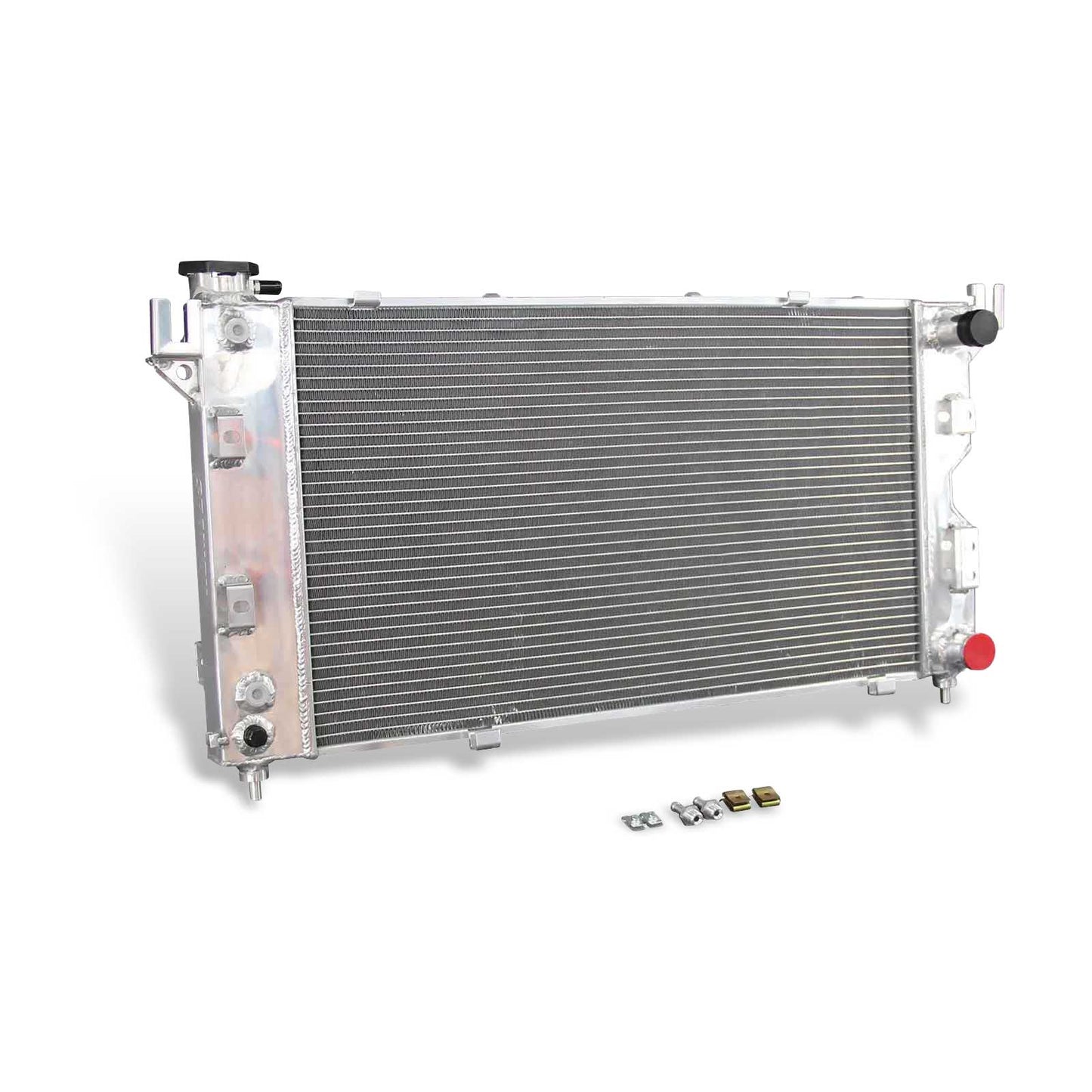 Left side profile of the 3 Row Aluminum Radiator, showing the core thickness and robust tank design for a 1996-2000 Plymouth Voyager or Dodge Caravan.