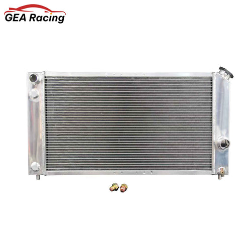 Front view of the 3 Row Aluminum Radiator for 1996-2005 Chevy Blazer, S10, GMC Jimmy, & Isuzu Hombre with the 4.3L V6 engine, fits AT/MT.