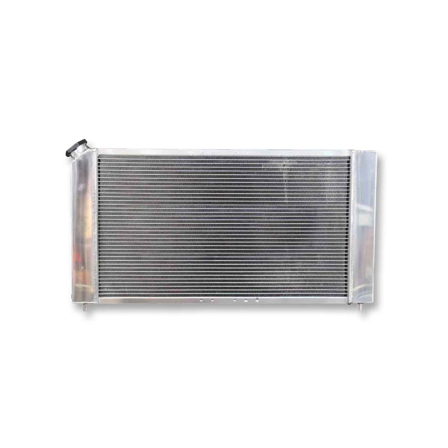 Rear view of the 3-Row aluminum radiator for Chevy Blazer S10 and GMC Jimmy Hombre 4.3L V6, showing AT/MT compatibility and mounting points.