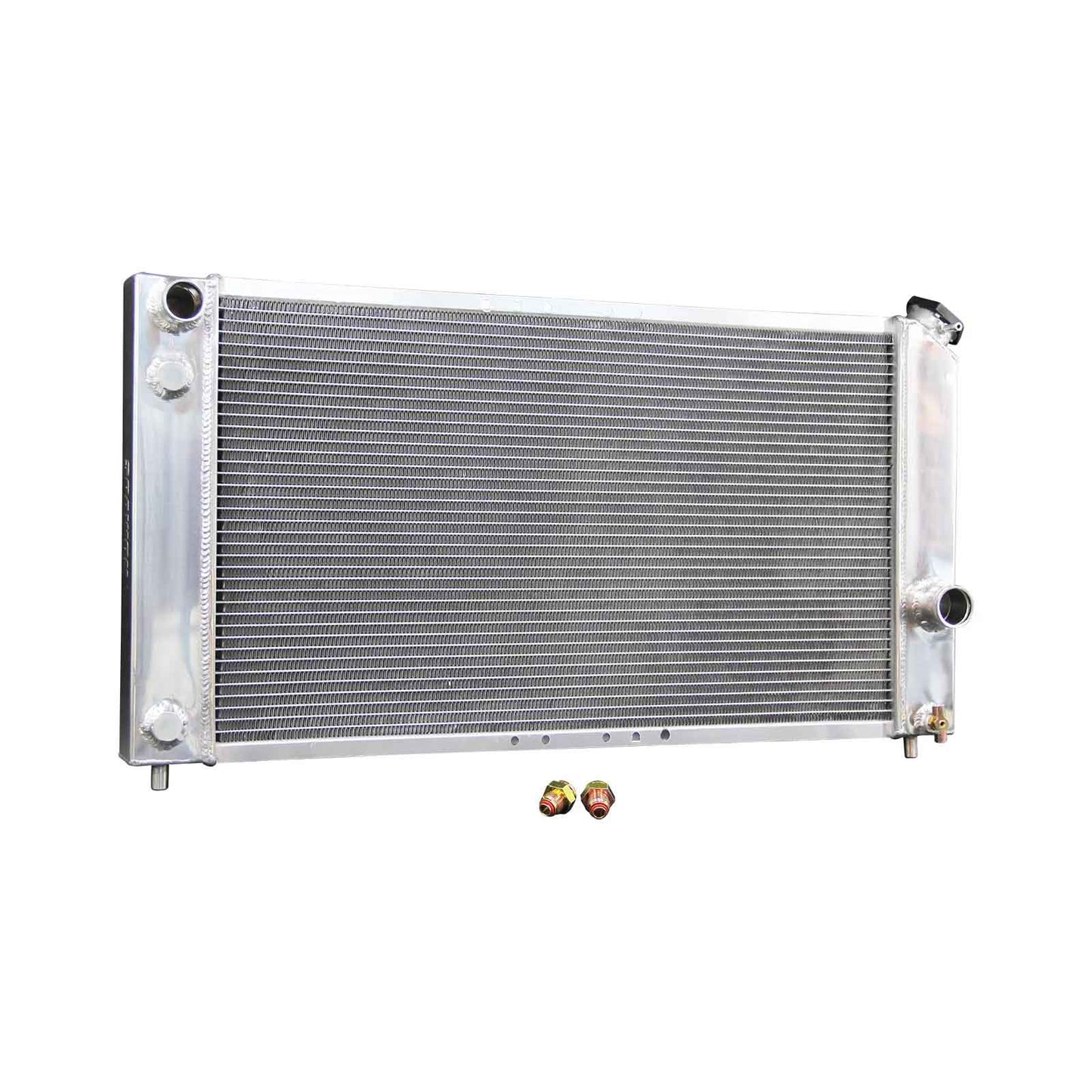 Left side profile of the 3 Row Aluminum Radiator, showing the core thickness and robust construction for a 1997-2000 GMC Jimmy or Chevy Blazer 4.3L V6.