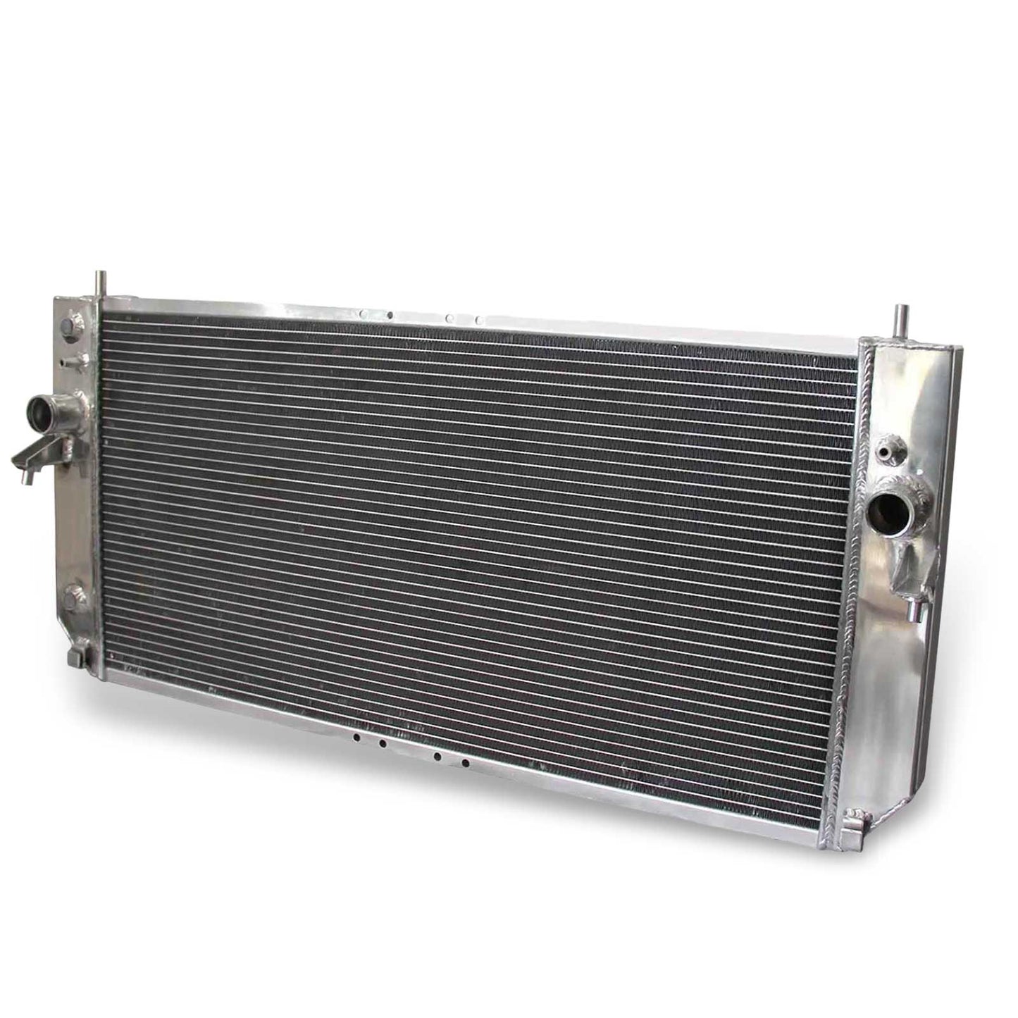 Right side profile of the high-performance 3 Row Aluminum Radiator designed for the high-heat Northstar V8 in the 2000-05 Cadillac DeVille.