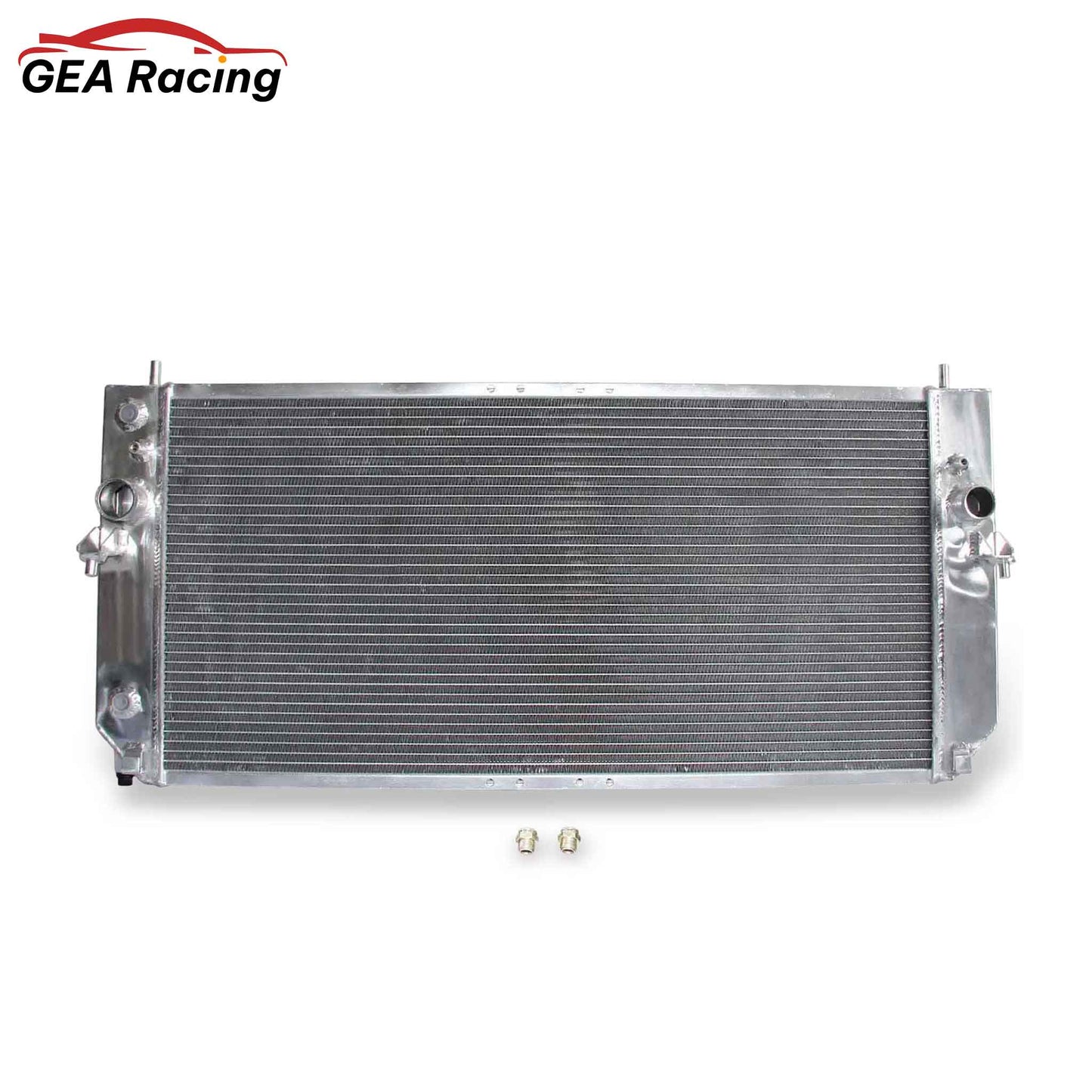 Front view of the 3 Row Aluminum Radiator for a 2000-05 Cadillac DeVille or 01-03 Oldsmobile Aurora with the 4.6L Northstar V8 engine.