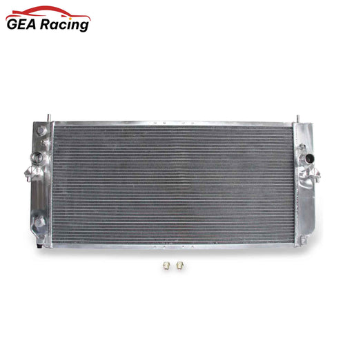 Front view of the 3 Row Aluminum Radiator for a 2000-05 Cadillac DeVille or 01-03 Oldsmobile Aurora with the 4.6L Northstar V8 engine.