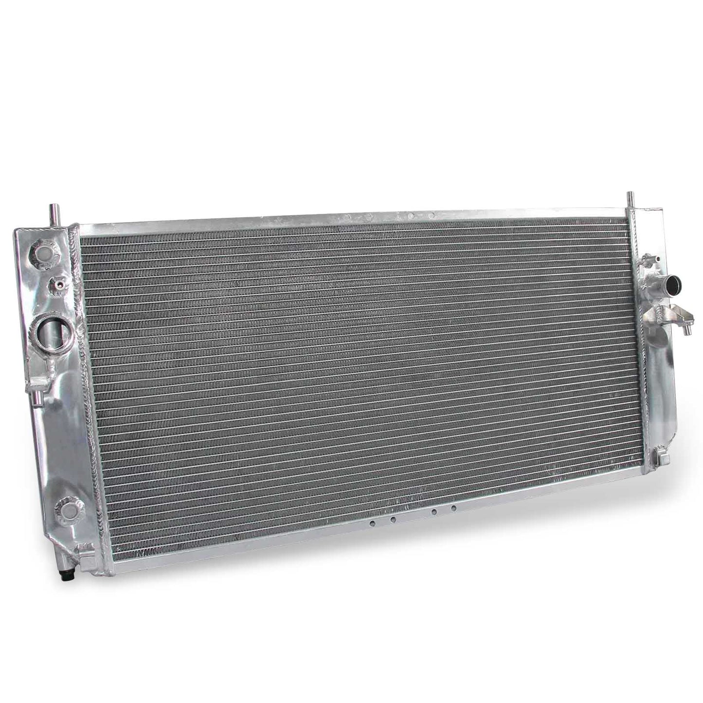 Left side profile of the 3 Row Aluminum Radiator, showing the core thickness and robust tank design for a 2001-03 Oldsmobile Aurora with the 4.6L V8.