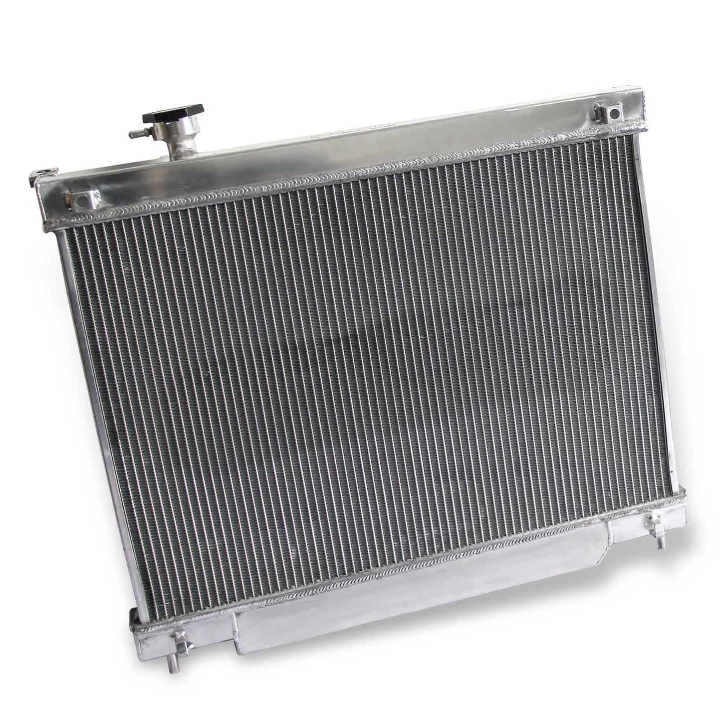 Rear view of the 3 Row Aluminum Radiator for a Chevy Trailblazer/GMC Envoy, highlighting the integrated automatic transmission cooler ports.