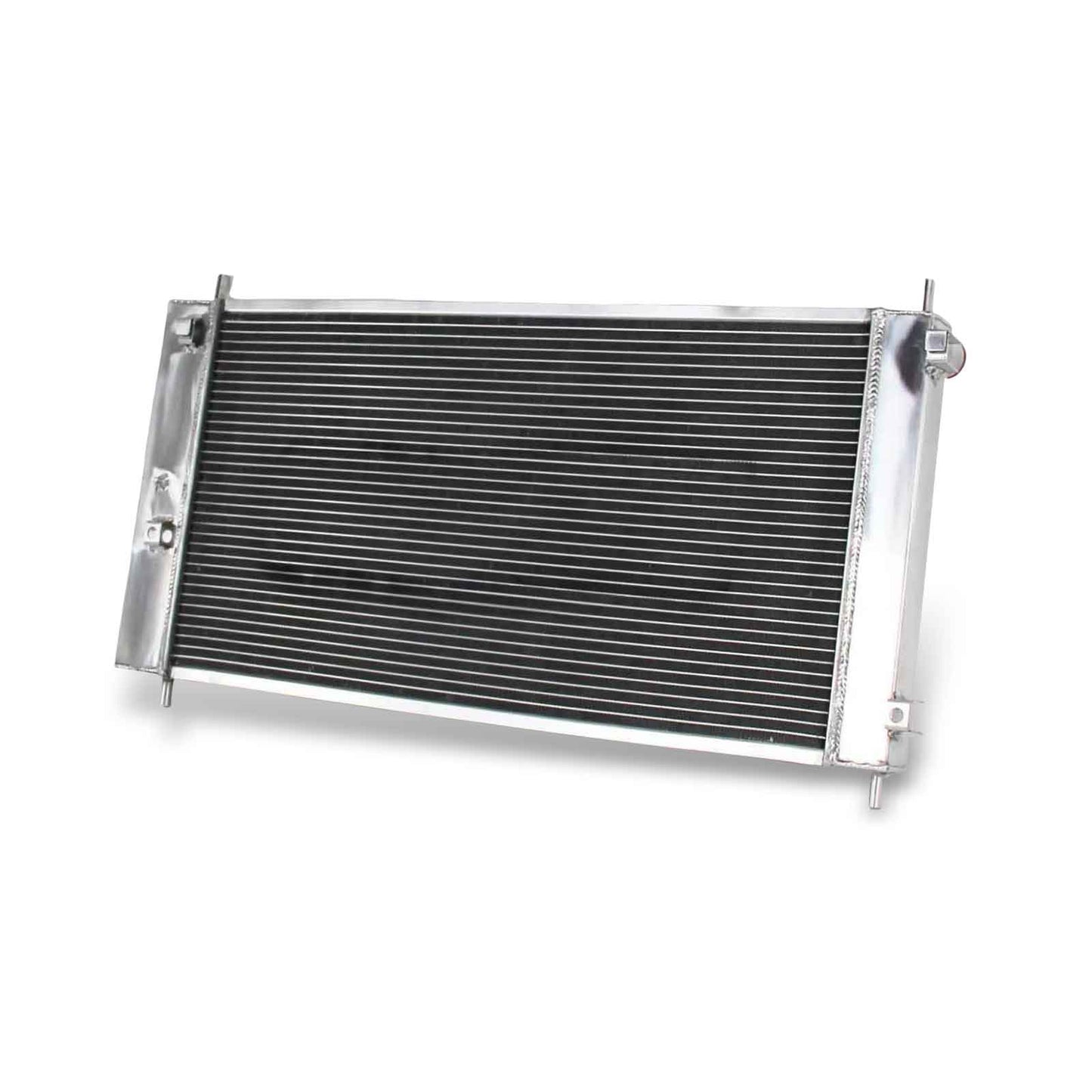 Rear view of the high-performance 3-row aluminum radiator for the 04-10 Chevy Malibu, Pontiac G6, Saturn Aura 3.5L, showing transmission cooler connections.
