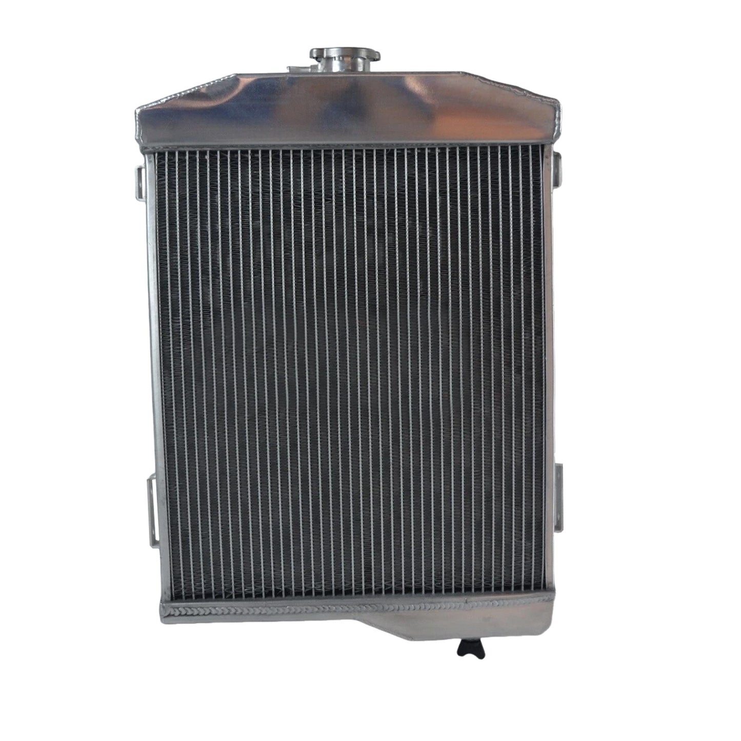 Back view of the 3-row aluminum radiator for Austin-Healey, detailing the precise mounting points and hose connections for a perfect fit.
