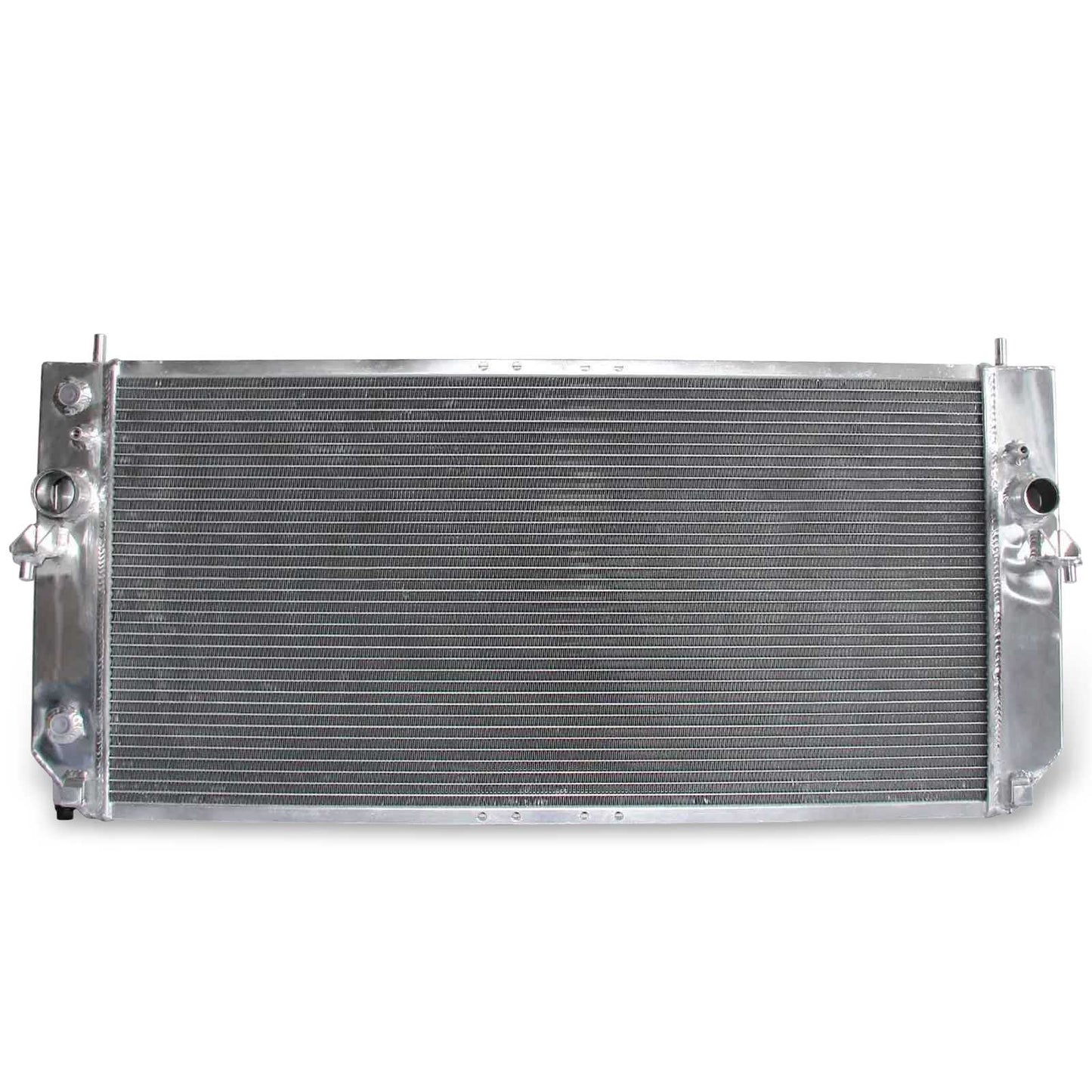 Top view of the 3 Row Aluminum Radiator for a Cadillac DeVille/Olds Aurora, showing hose connections and mounting points for the Northstar V8 platform.