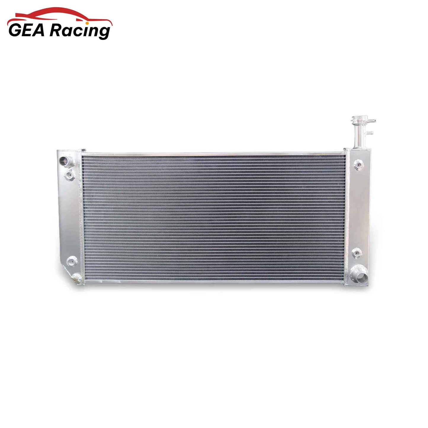 Front view of a 3-row full aluminum radiator for a 2004-2019 Chevrolet Express or GMC Savana 6.0L V8, showcasing the high-density cooling core and tanks.