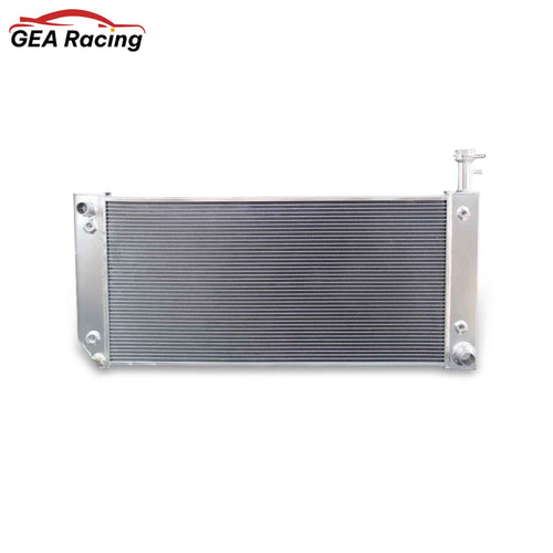 Front view of a 3-row full aluminum radiator for a 2004-2019 Chevrolet Express or GMC Savana 6.0L V8, showcasing the high-density cooling core and tanks.