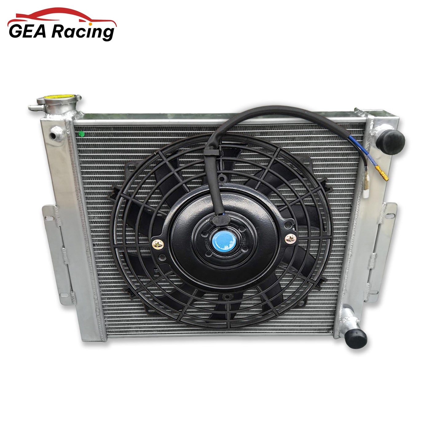 Complete cooling package: the 3 row aluminum radiator with a dual fan and shroud kit for maximum airflow on a Jeep CJ7 LS swap.