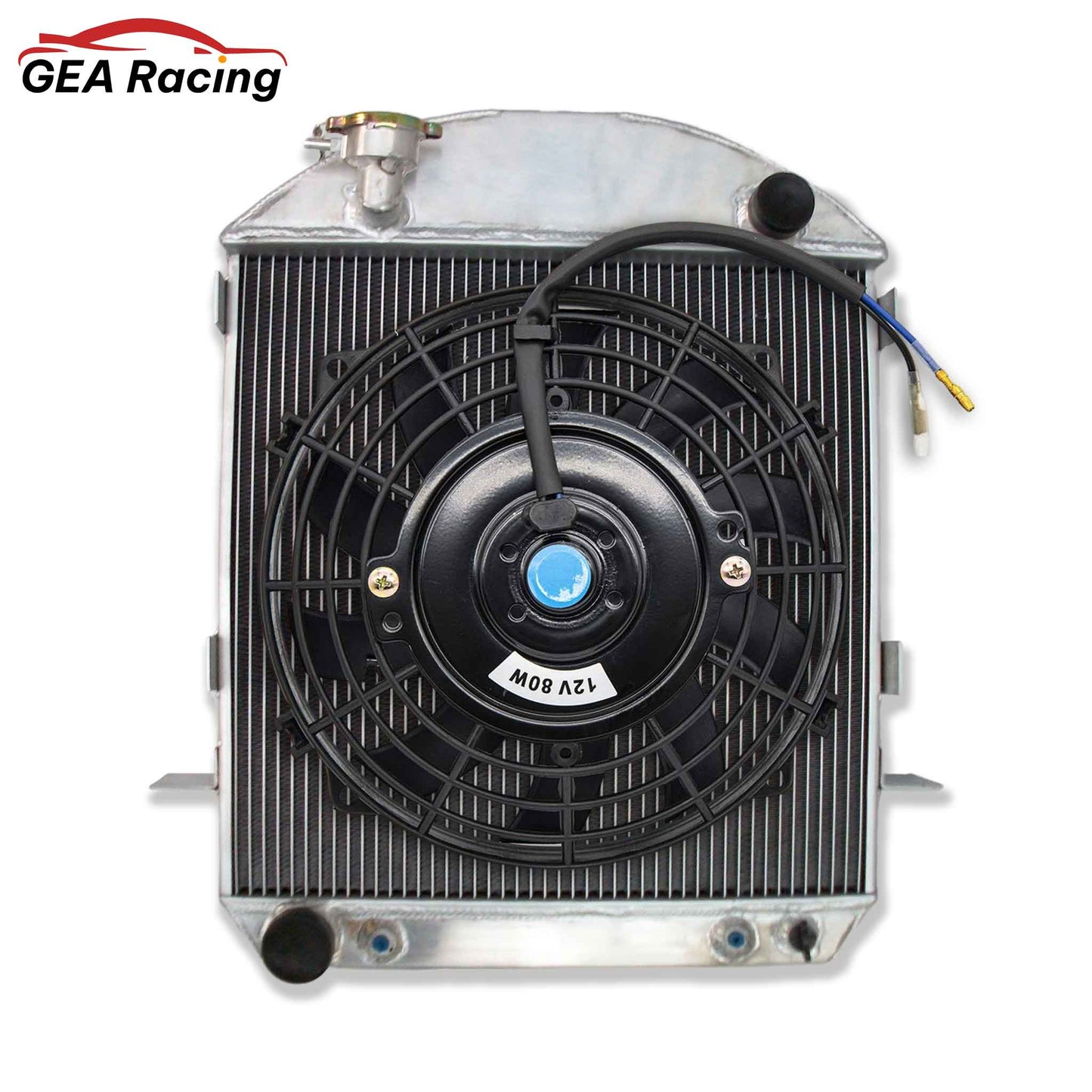 Complete cooling solution: 3-row aluminum radiator with a custom-fit fan and shroud kit for a Ford Model T Bucket (1917-1927).